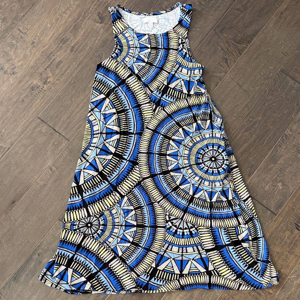 a:glow Blue and Black Geometric Midi Dress